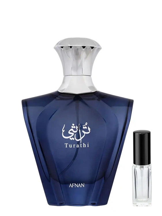 Afnan Turathi Blue - odlewka świeżych perfum dostępna w Perfame. Cytrusowo-drzewny zapach z nutami ambry i piżma.