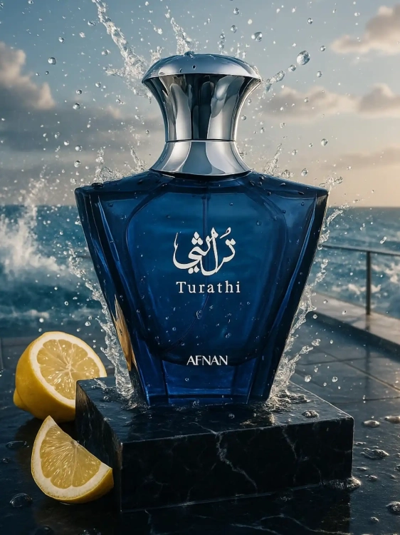 Afnan Turathi Blue - odlewka świeżych perfum dostępna w Perfame. Cytrusowo-drzewny zapach z nutami ambry i piżma.