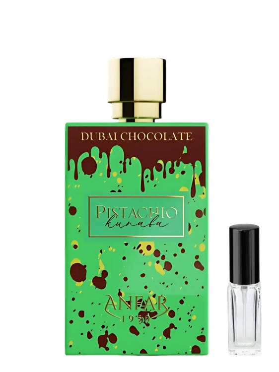 Anfar Pistachio Kunafa Dubai Chocolate - odlewka gourmand perfum dostępna w Perfame. Apetyczny zapach z nutami pistacji, czekolady i syropu z róż.