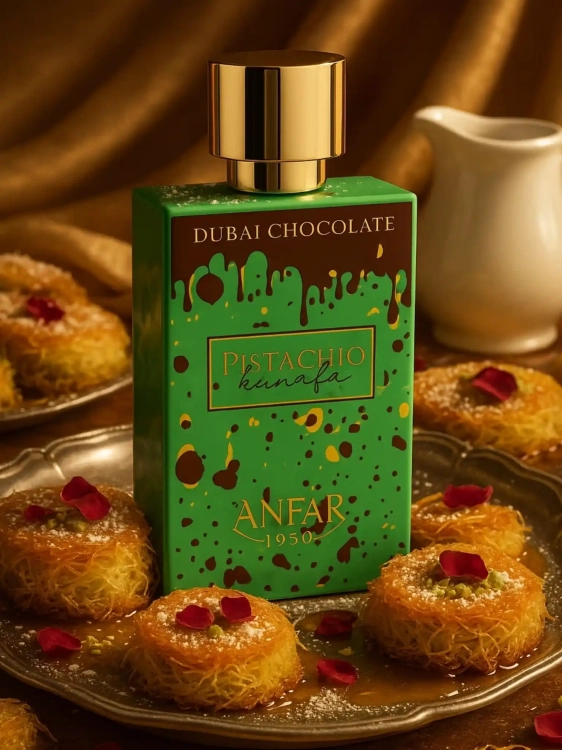 Anfar Pistachio Kunafa Dubai Chocolate - odlewka gourmand perfum dostępna w Perfame. Apetyczny zapach z nutami pistacji, czekolady i syropu z róż.