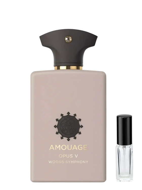 Amouage Opus V Woods Symphony - odlewka niszowych perfum dostępna w Perfame. Elegancki, drzewno-kwiatowy zapach z nutami irysa, drewna i oud.