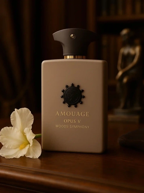 Amouage Opus V Woods Symphony - odlewka niszowych perfum dostępna w Perfame. Elegancki, drzewno-kwiatowy zapach z nutami irysa, drewna i oud.