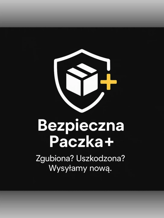 Ikona tarczy z paczką i żółtym plusem na czarnym tle. Pod spodem napis: Bezpieczna Paczka+ – Zgubiona? Uszkodzona? Wysyłamy nową