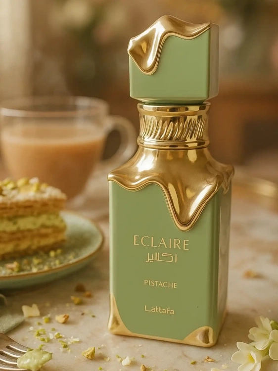 Lattafa Éclaire Pistache – odlewka gourmand perfum dostępna w Perfame. Pistacje, wanilia i kremowa słodycz.