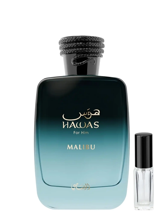 Rasasi Hawas Malibu – odlewka świeżych perfum dostępna w Perfame. Nuty tropikalnych owoców, morskie akcenty i drzewna baza.