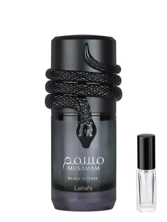 Odlewka Lattafa Musamam Black Intense – skóra, kadzidło i przyprawy tworzą ciemny, orientalno-drzewny zapach o bardzo intensywnej projekcji. Dostępny w Perfame.