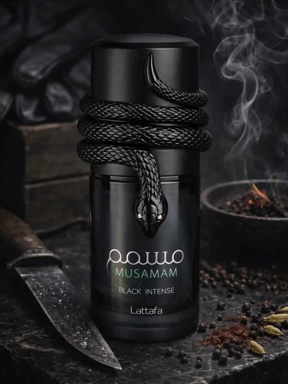 Odlewka Lattafa Musamam Black Intense – skóra, kadzidło i przyprawy tworzą ciemny, orientalno-drzewny zapach o bardzo intensywnej projekcji. Dostępny w Perfame.