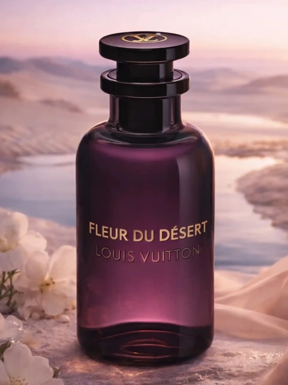 Odlewka Fleur du Désert Louis Vuitton – białe kwiaty, przyprawy i bursztynowa ambra tworzą świetlisty, orientalno-kwiatowy zapach inspirowany pustynnym pejzażem. Dostępny w Perfame.