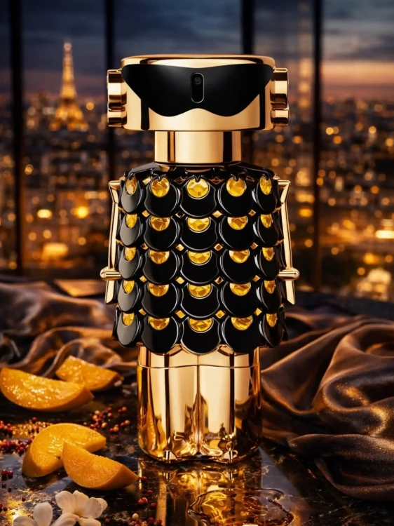 Odlewka Rabanne Fame Parfum – intensywne mango, jaśmin i piżmowe ciepło tworzą głębszą, bardziej zmysłową wersję świetlistego zapachu. Dostępny w Perfame.