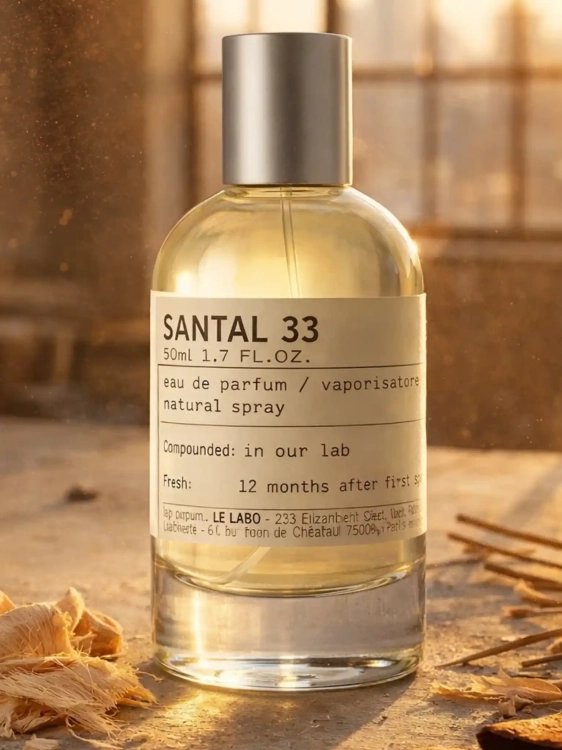Odlewka Le Labo Santal 33 – suchy sandałowiec, skóra i wetyweria tworzą kultowy, minimalistyczny zapach o niszowym, surowym charakterze. Dostępny w Perfame.