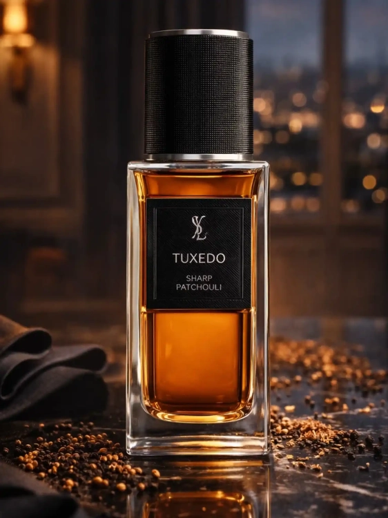 Odlewka YSL Tuxedo – paczula, czarny pieprz i ambra tworzą elegancki, wieczorowy zapach o perfekcyjnie skrojonej męskiej aurze. Dostępny w Perfame.