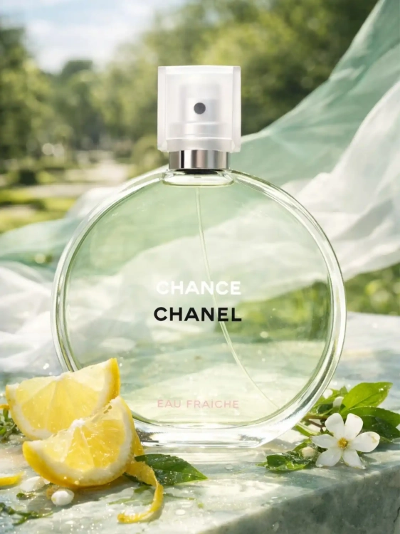 Odlewka Chanel Chance Eau Fraîche – cytrusy, cedr i białe piżmo tworzą energetyczny, zielono-drzewny zapach o sportowej elegancji. Dostępny w Perfame.