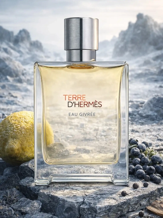 Odlewka Hermès Terre d’Hermès Eau Givrée – mroźne cytrusy, mineralne nuty i drewno tworzą świeży, elegancki zapach o lodowej czystości. Dostępny w Perfame.