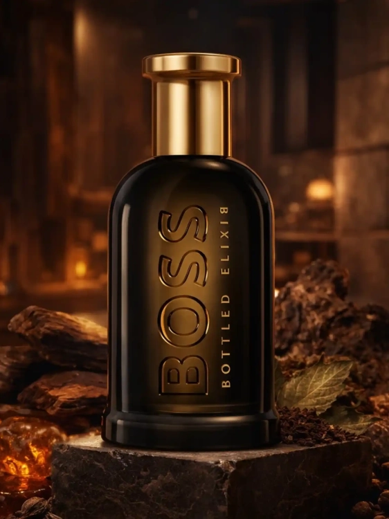 Odlewka Boss Bottled Elixir – kadzidło, skóra i ambrowa baza tworzą intensywny, luksusowy zapach o prestiżowym charakterze. Dostępny w Perfame.
