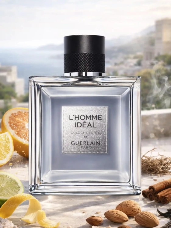 Odlewka Guerlain L’Homme Idéal Cologne Forte – świeże cytrusy, migdałowa nuta i kremowa baza tworzą elegancki, lekki zapach w limitowanej edycji. Dostępny w Perfame.