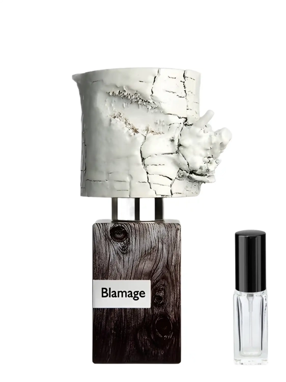 Odlewka Nasomatto Blamage – drzewne nuty, ambra i sucha elegancja tworzą minimalistyczny, niszowy zapach o eksperymentalnym charakterze. Dostępny w Perfame.