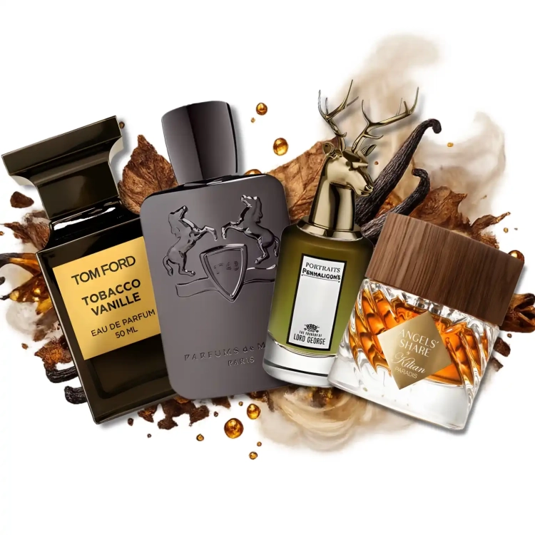 Zestaw szklanych odlewek Męski Instynkt w ofercie Perfame. Nuty tytoniu, whisky i przypraw w zapachach Tom Ford, Kilian oraz Parfums de Marly tworzą głęboki, wyrafinowany profil.