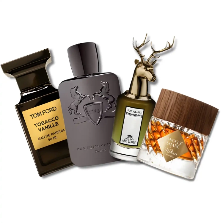 Zestaw szklanych odlewek Męski Instynkt w ofercie Perfame. Nuty tytoniu, whisky i przypraw w zapachach Tom Ford, Kilian oraz Parfums de Marly tworzą głęboki, wyrafinowany profil.