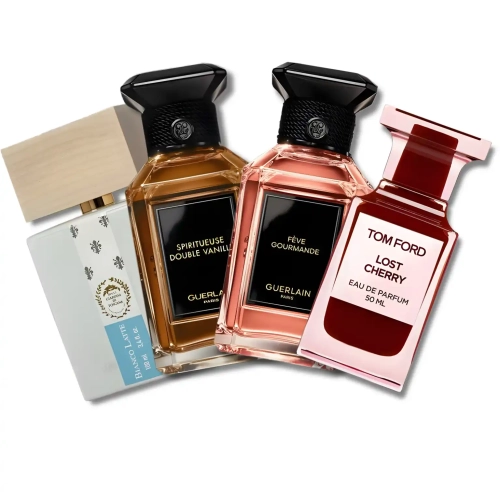 Gourmandowy zestaw odlewek Słodka Obsesja od Perfame. Waniliowe i deserowe akordy w zapachach Giardini Di Toscana, Guerlain oraz Tom Ford gwarantują prawdziwą, słodką rozkosz.
