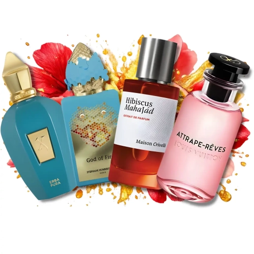 Zestaw szklanych odlewek Eliksir Młodości z kolekcji Perfame. Owocowe i energetyzujące aromaty Xerjoff, SHL i Louis Vuitton tworzą radosną, wibrującą aurę pełną życia.