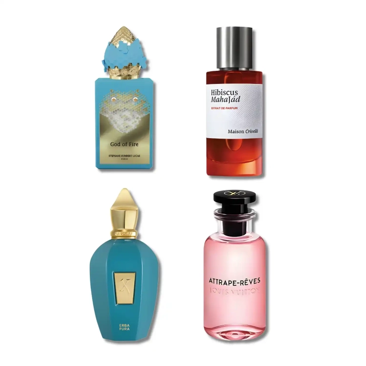 Zestaw szklanych odlewek Eliksir Młodości z kolekcji Perfame. Owocowe i energetyzujące aromaty Xerjoff, SHL i Louis Vuitton tworzą radosną, wibrującą aurę pełną życia.