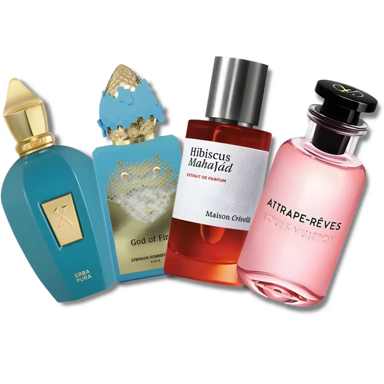 Zestaw szklanych odlewek Eliksir Młodości z kolekcji Perfame. Owocowe i energetyzujące aromaty Xerjoff, SHL i Louis Vuitton tworzą radosną, wibrującą aurę pełną życia.