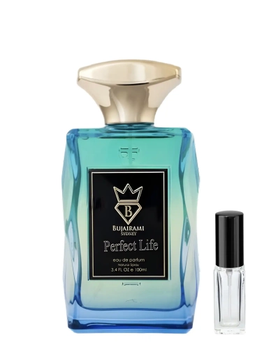 Szklana odlewka radosnej wody Perfect Life Bujairami od Perfame. Słodkie i kwiatowe akordy łączą się w pełen optymizmu aromat.