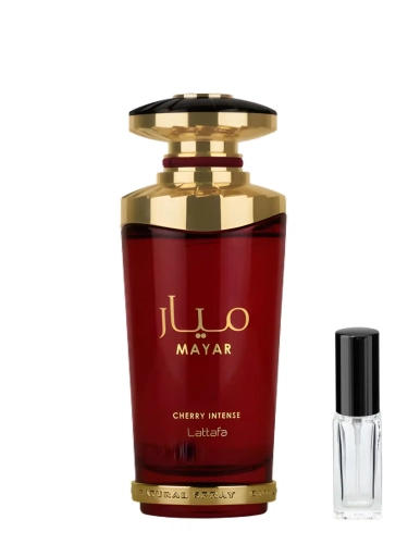 Szklana odlewka słodkiej wody Lattafa Mayar Cherry Intense z kolekcji Perfame. Intensywna wiśnia i migdały tworzą zniewalający, zmysłowy klimat.