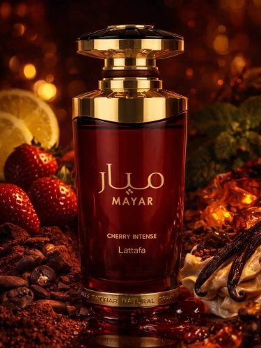 Szklana odlewka słodkiej wody Lattafa Mayar Cherry Intense z kolekcji Perfame. Intensywna wiśnia i migdały tworzą zniewalający, zmysłowy klimat.