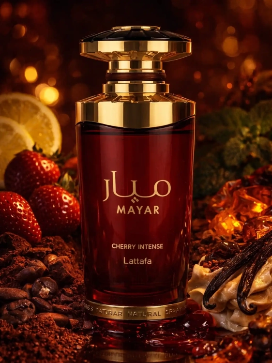 Szklana odlewka słodkiej wody Lattafa Mayar Cherry Intense z kolekcji Perfame. Intensywna wiśnia i migdały tworzą zniewalający, zmysłowy klimat.