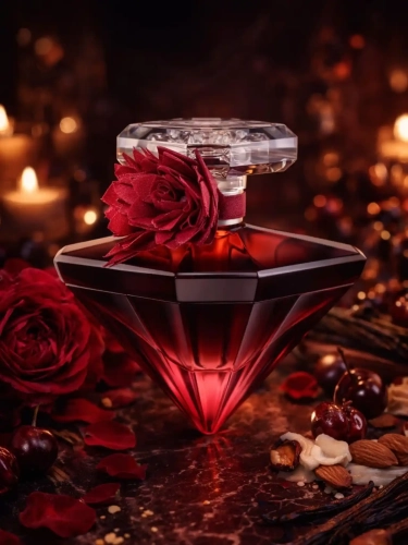 Szklana odlewka zmysłowej kompozycji Lancome Tresor La Nuit Intense z kolekcji Perfame. Kwiatowe i owocowe akordy budują głęboki, wieczorowy aromat.