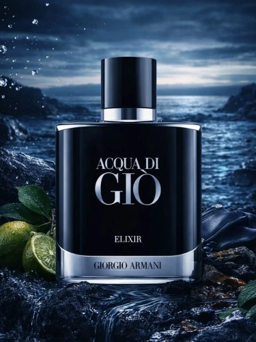 Szklana odlewka głębokiego ekstraktu Armani Acqua Di Gio Elixir od Perfame. Morskie nuty i paczula tworzą intensywny, męski aromat.