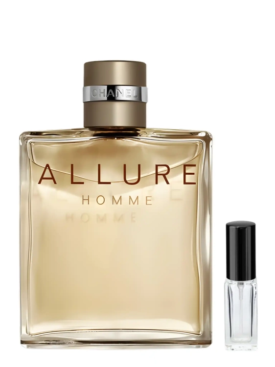 Szklana odlewka klasycznej wody Chanel Allure Homme dostępna w Perfame. Drzewne, cytrusowe i przyprawowe akordy łączą się w elegancki aromat.