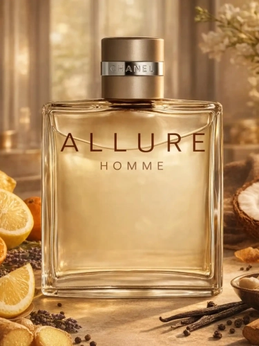 Szklana odlewka klasycznej wody Chanel Allure Homme dostępna w Perfame. Drzewne, cytrusowe i przyprawowe akordy łączą się w elegancki aromat.