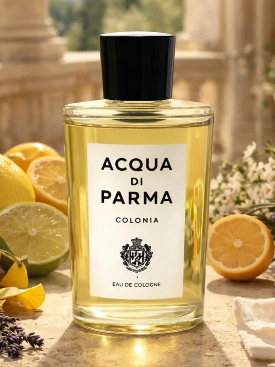 Szklana odlewka kultowej wody Acqua Di Parma Colonia od Perfame. Aromatyczne cytrusy i zioła oddają esencję włoskiej elegancji.