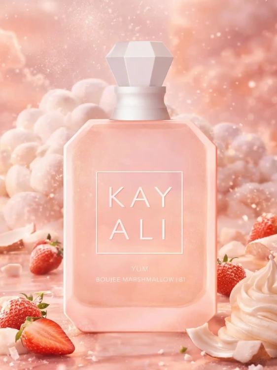 Odlewka słodkiej kompozycji KAYALI Yum Boujee Marshmallow 81 z kolekcji Perfame. Nuty pianek marshmallow i wanilii tworzą pyszny, deserowy aromat.