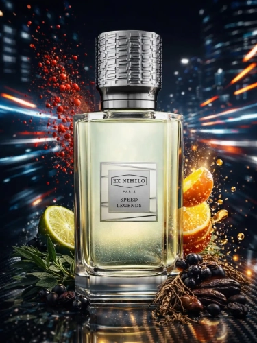 Szklana odlewka dynamicznej kompozycji Ex Nihilo Speed Legends od Perfame. Drzewne i rześkie akordy symbolizują prędkość i adrenalinę.