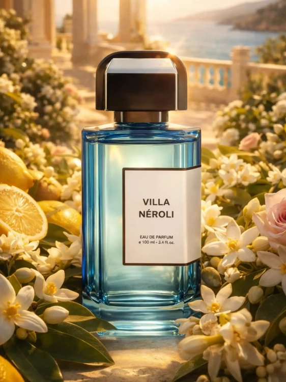 Szklana odlewka świetlistej wody BDK Parfums Villa Neroli z kolekcji Perfame. Neroli i kwiat pomarańczy kreują radosny, śródziemnomorski klimat.