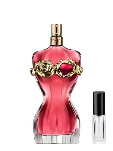 Szklana odlewka kwiatowo-wodnej kompozycji Jean Paul Gaultier La Belle Rosea od Perfame. Nuty piwonii i wodnej świeżości tworzą delikatny, kobiecy zapach.