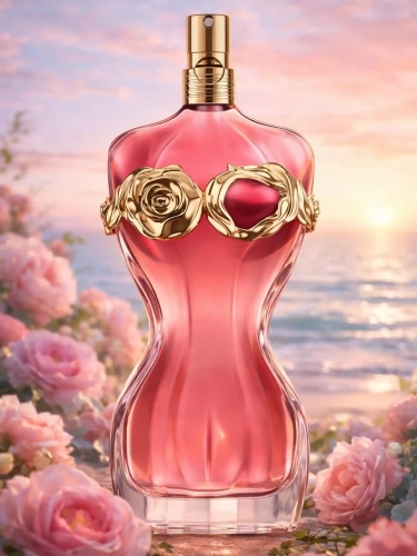 Szklana odlewka kwiatowo-wodnej kompozycji Jean Paul Gaultier La Belle Rosea od Perfame. Nuty piwonii i wodnej świeżości tworzą delikatny, kobiecy zapach.