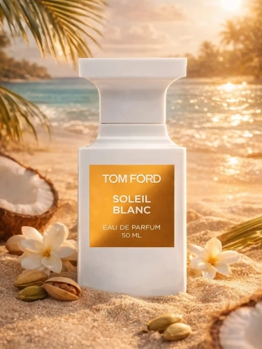 Odlewka słonecznego eliksiru Tom Ford Soleil Blanc w ofercie Perfame. Nuty kokosa i białych kwiatów przywołują luksusowy, wakacyjny klimat.
