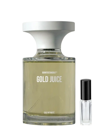 Szklana odlewka ciepłego aromatu Borntostandout Gold Juice w ofercie Perfame. Słodkie i otulające akordy lśnią na skórze niczym płynne złoto.