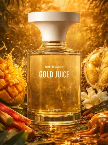 Szklana odlewka ciepłego aromatu Borntostandout Gold Juice w ofercie Perfame. Słodkie i otulające akordy lśnią na skórze niczym płynne złoto.