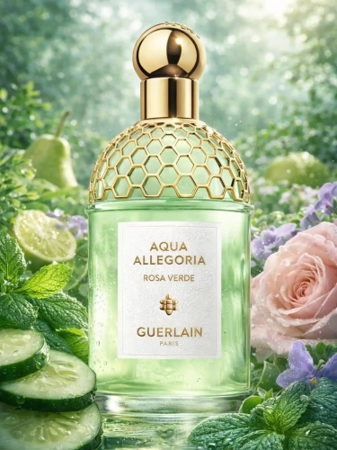 Szklana odlewka rześkiego zapachu Guerlain Rosa Verde z kolekcji Perfame. Nuty zielone i delikatna róża oddają klimat wiosennego ogrodu.