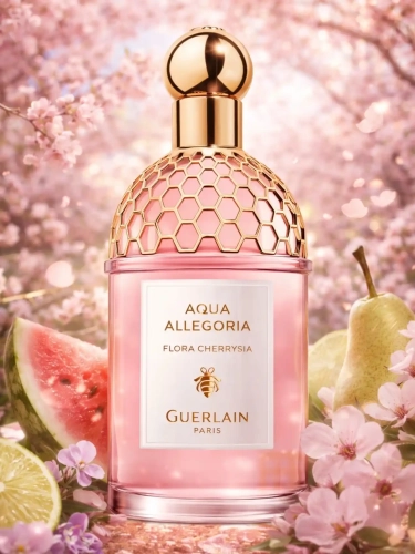 Szklana odlewka pastelowego aromatu Guerlain Flora Cherrysia z kolekcji Perfame. Nuty kwiatu wiśni i arbuza otulają subtelnym, wiosennym blaskiem.