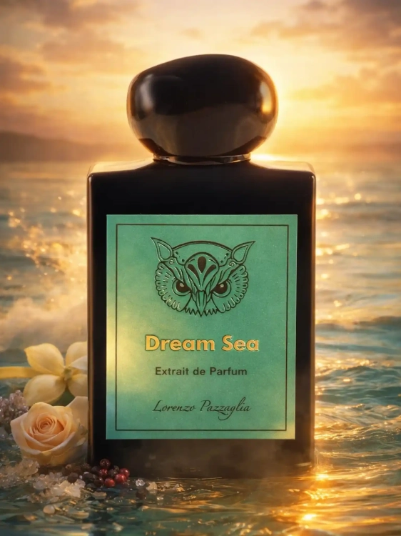 Szklana odlewka zmysłowego ekstraktu Lorenzo Pazzaglia Dream Sea od Perfame. Morska bryza i wanilia łączą się w niezwykłą, kontrastową aurę.