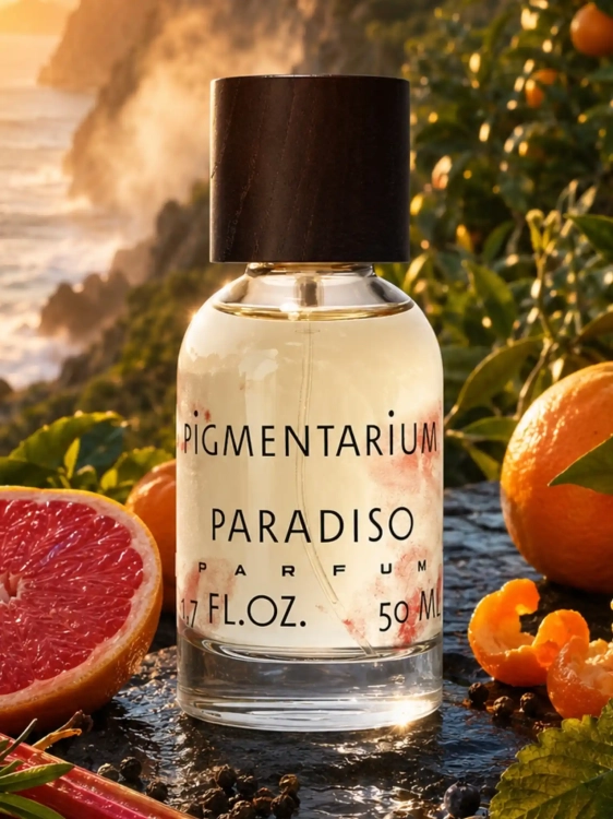 Szklana odlewka cytrusowej wody Pigmentarium Paradiso od Perfame. Limitowana edycja 2026 łączy grejpfruty z ciepłym pieprzem.