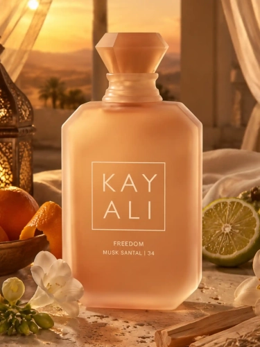 Szklana odlewka drzewno-piżmowego zapachu Kayali Freedom Musk Santal od Perfame. Sandałowiec i piżmo gwarantują kojącą aurę.