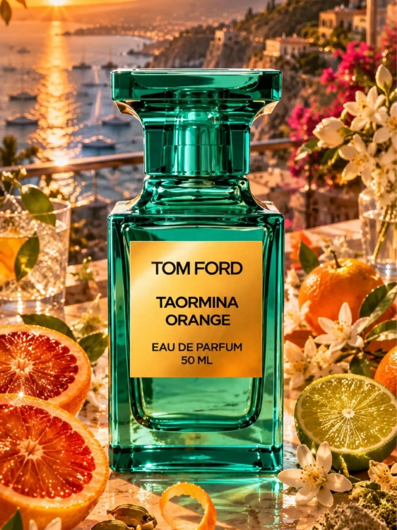 Szklana odlewka radosnej wody Tom Ford Taormina Orange od Perfame. Sycylijska pomarańcza oddaje słoneczny klimat włoskiego wybrzeża.