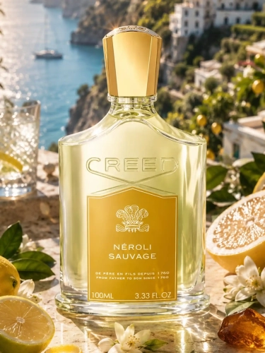 Szklana odlewka kwiatowej kompozycji Creed Neroli Sauvage w Perfame. Szlachetne neroli i bergamotka tworzą niezwykle czysty aromat.